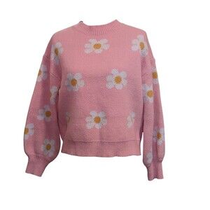 Pink Flower Sweater Knit Long Sleeve Daisy Medium
